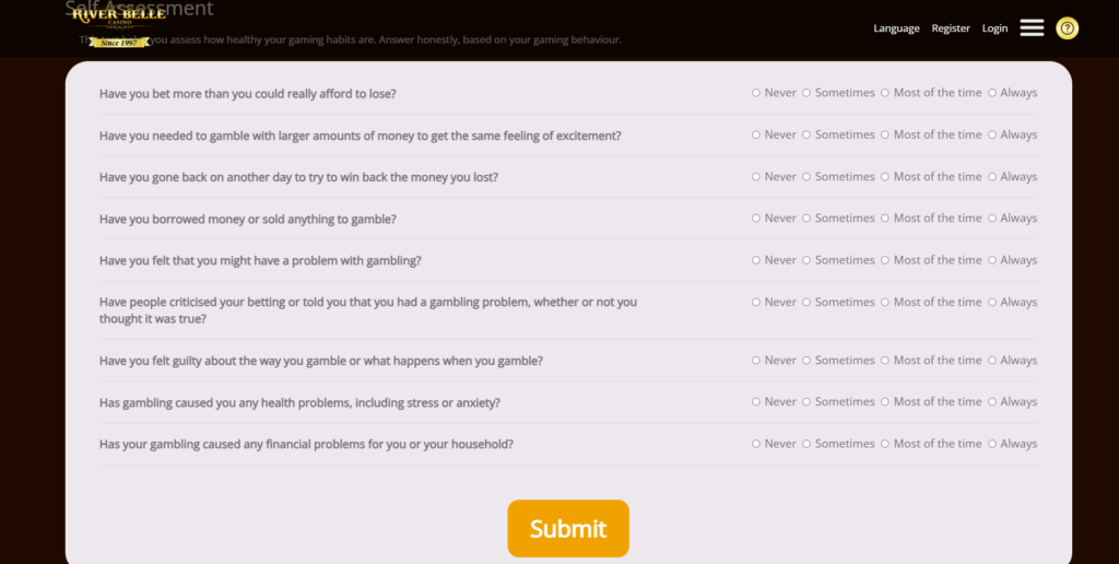 river belle responsible gambling self assessement questions screenshot
