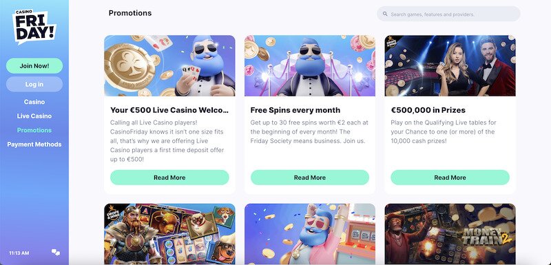 Casino Friday Website Promos page