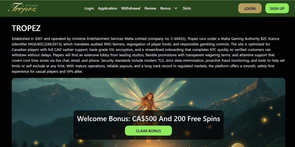 Casino Tropez showing welcome bonus 
