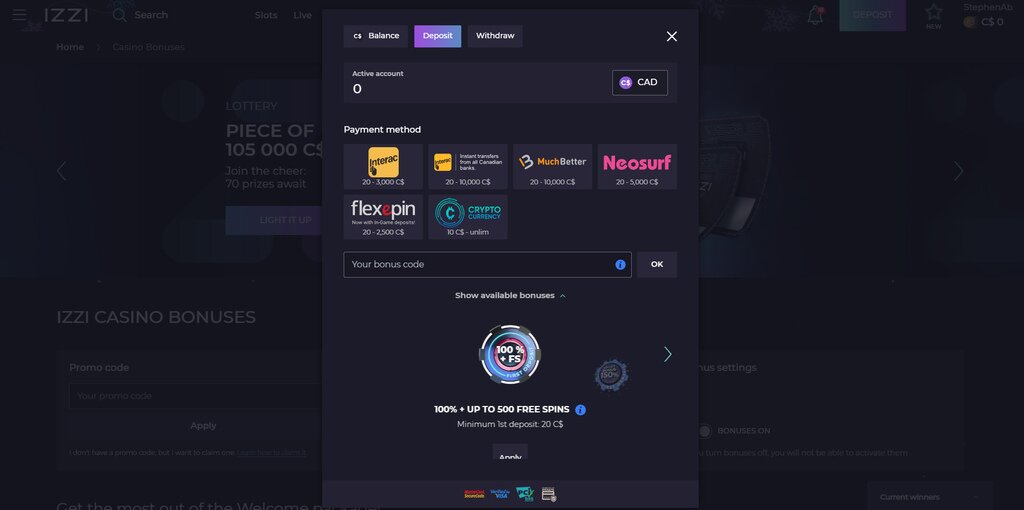 Izzi Casino Payment methods