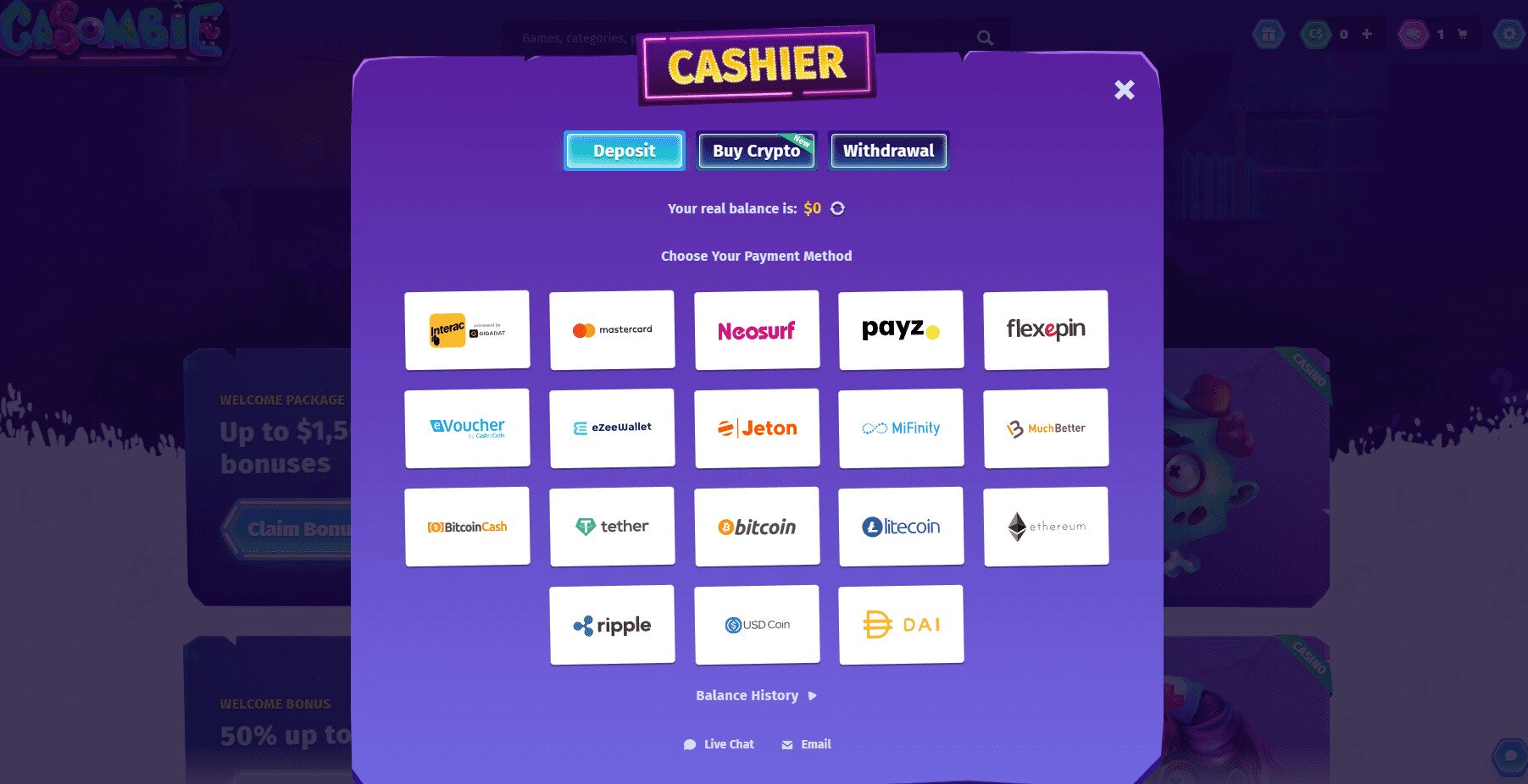 Casombie Casino Payment Methods