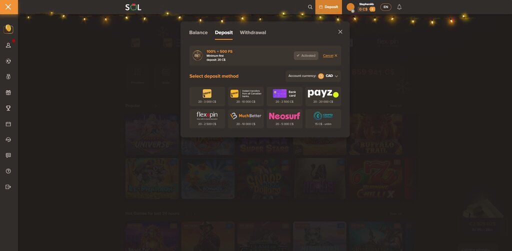 SOL Casino Payment methods