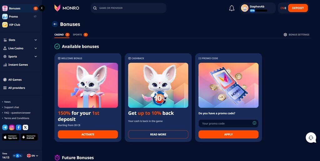 Monro Casino Bonus Page