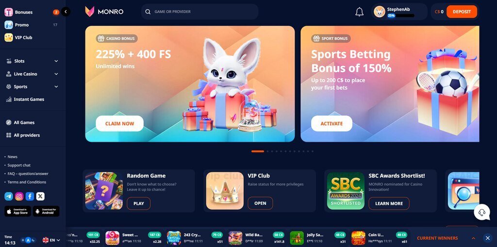 Monro Casino homepage