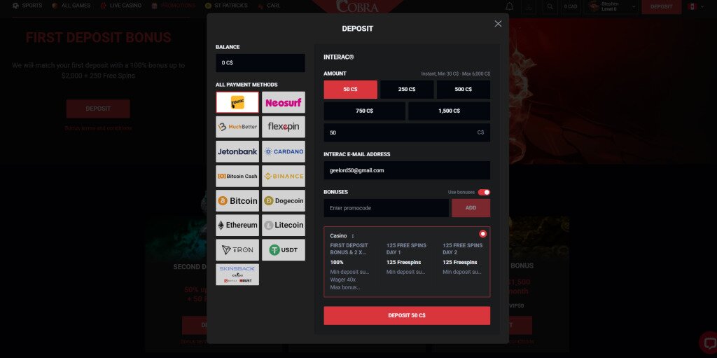 Cobra Casino Payment methods
