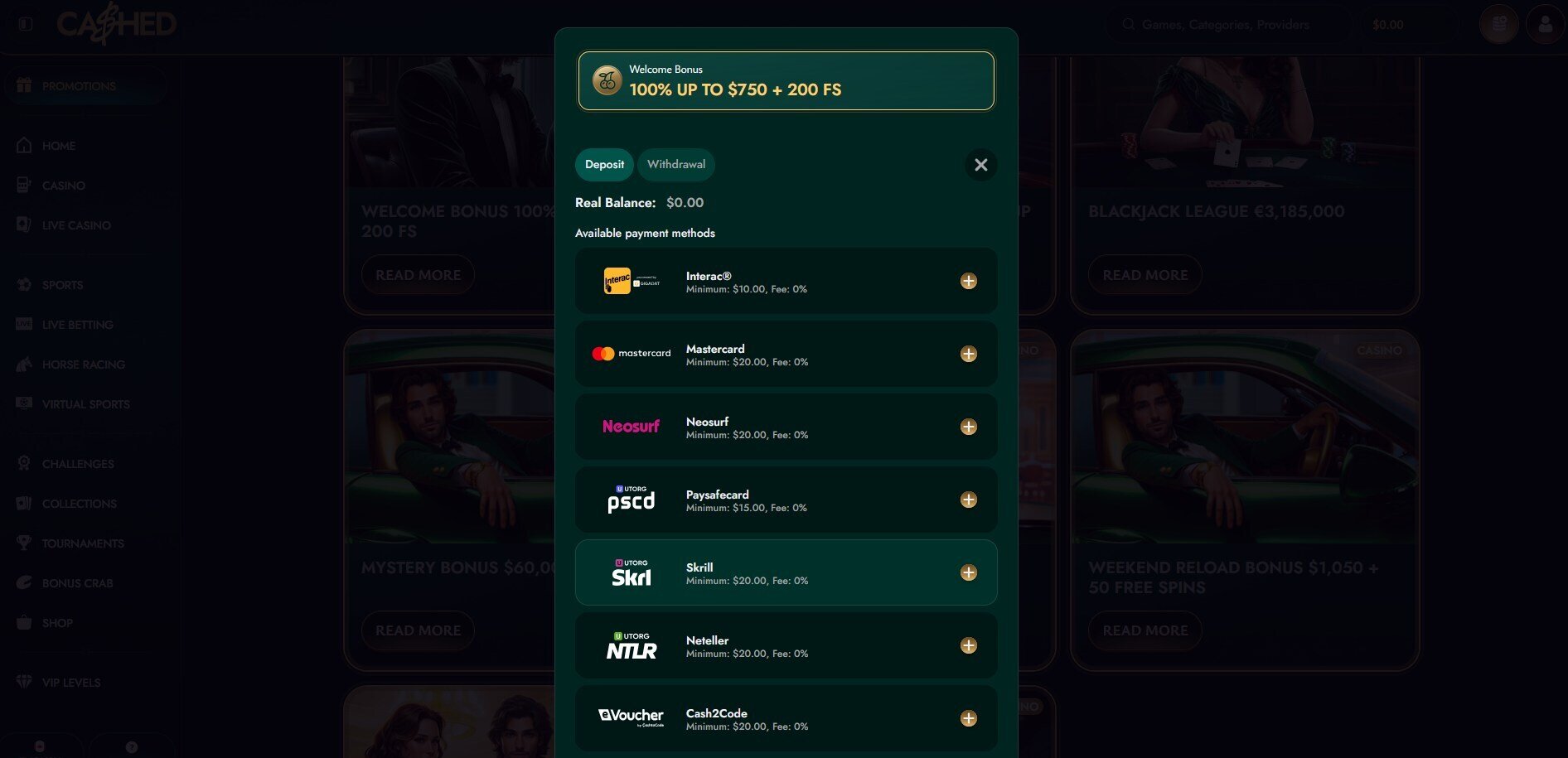 Cashed Casino Payment methods