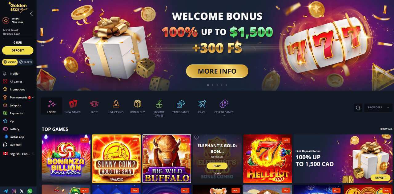 Golden Star Casino home page.