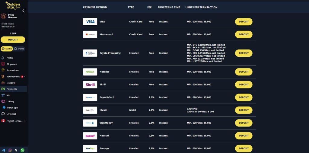 Payment methods at Golden Star Casino.