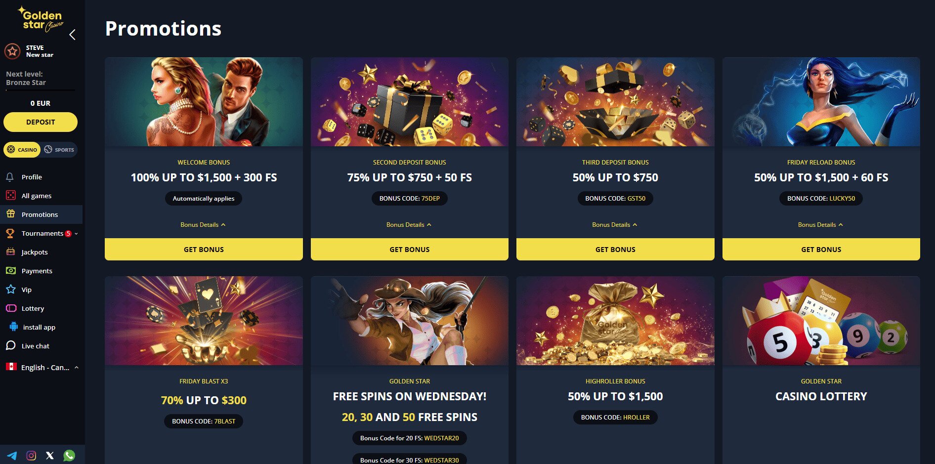 A snapshot of Golden Star casino's bonus catalogue.