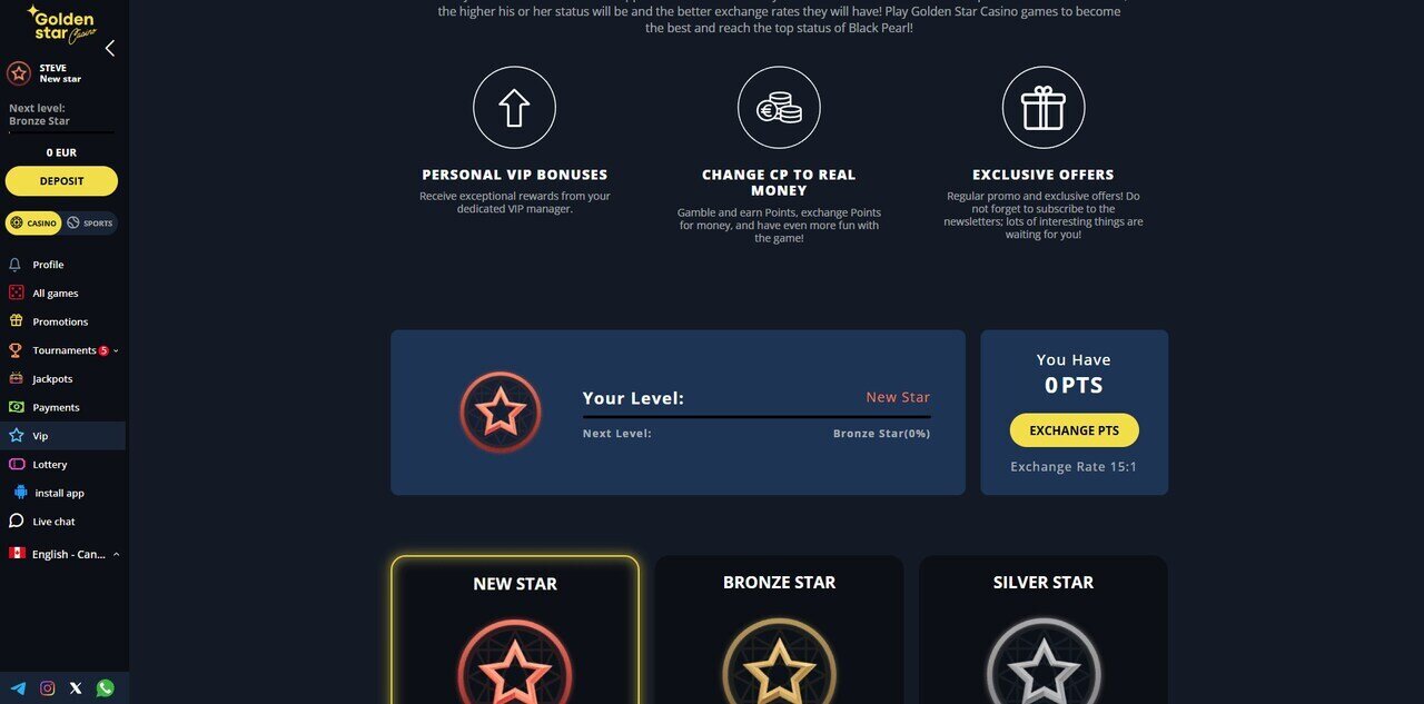 A snapshot of Golden Star casino's VIP program.