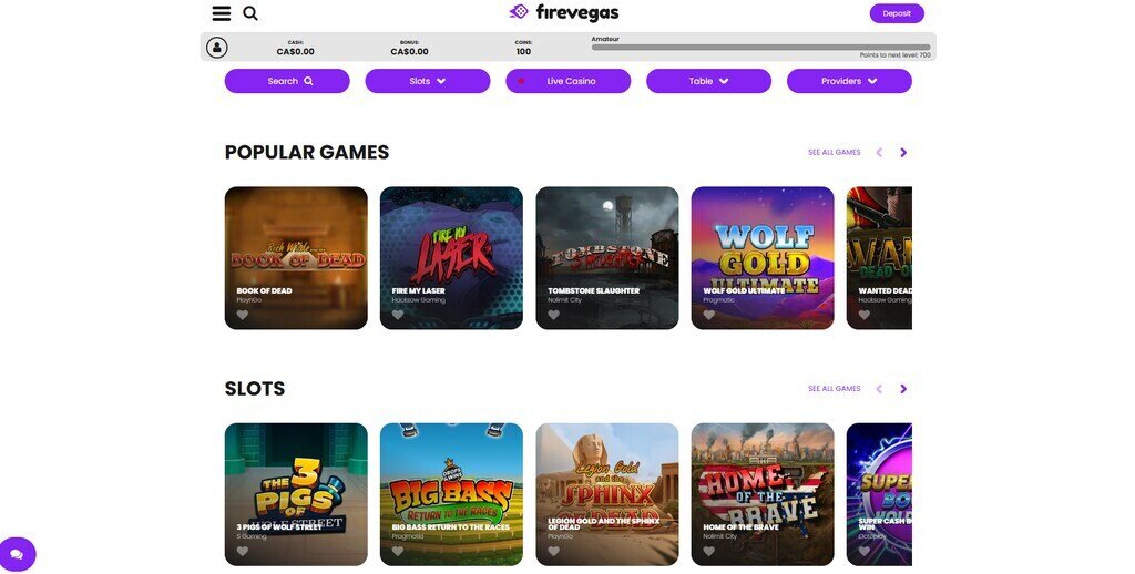 FireVegas Casino Homepage