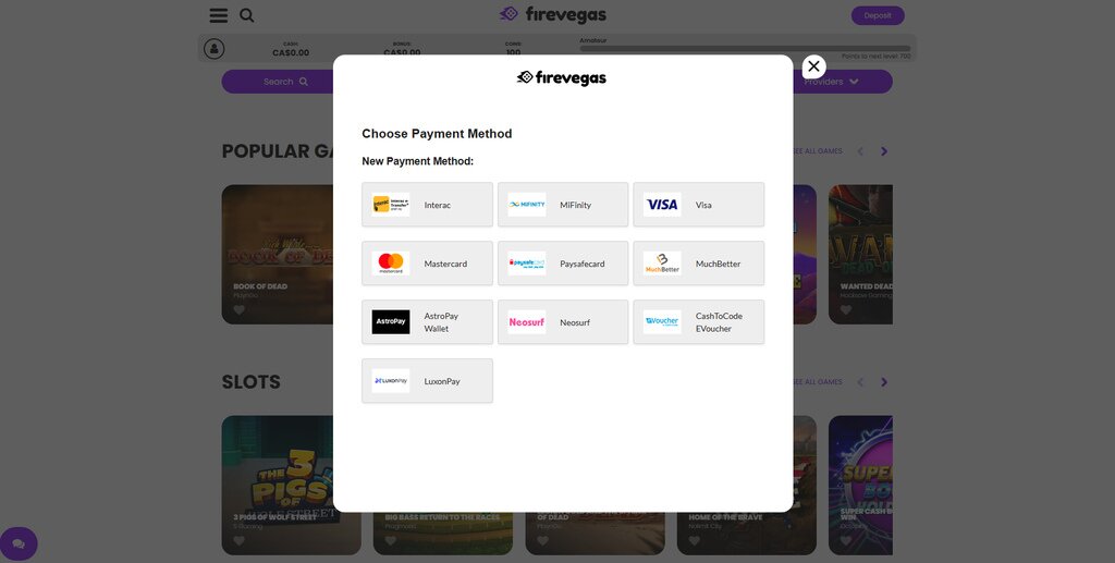 FireVegas Casino Payment methods