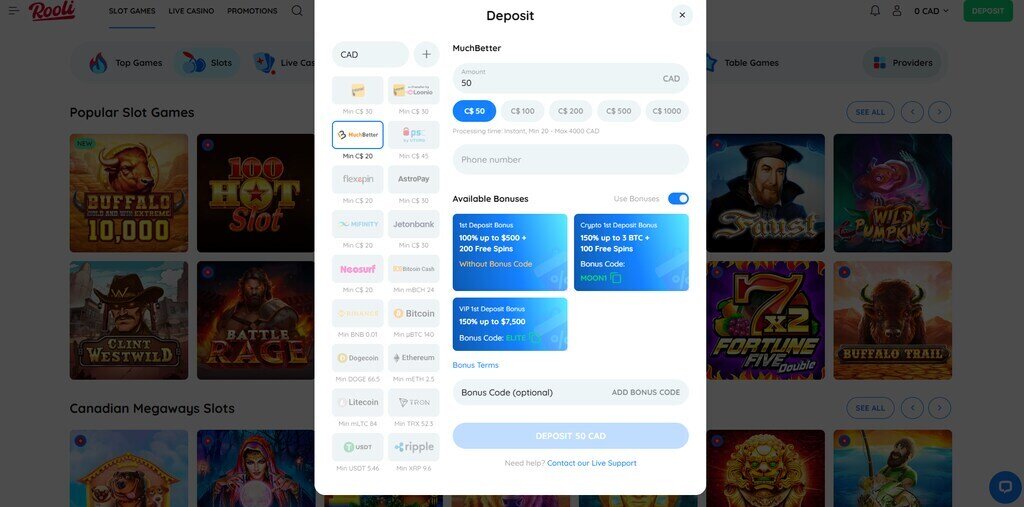 Rooli Casino Payment methods