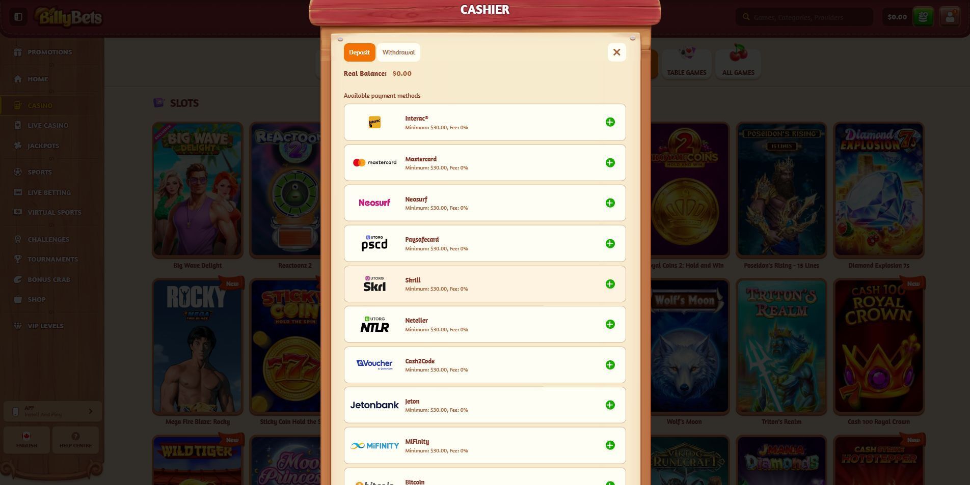 BillyBets Casino Payment Methods