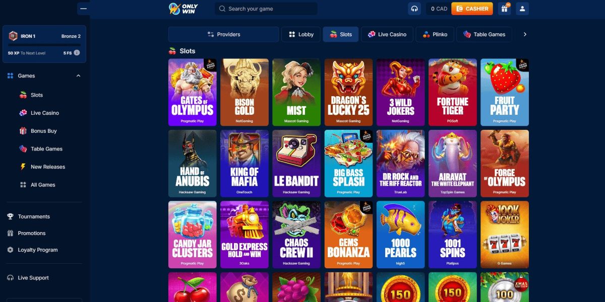 Lobby des jeux du casino OnlyWin