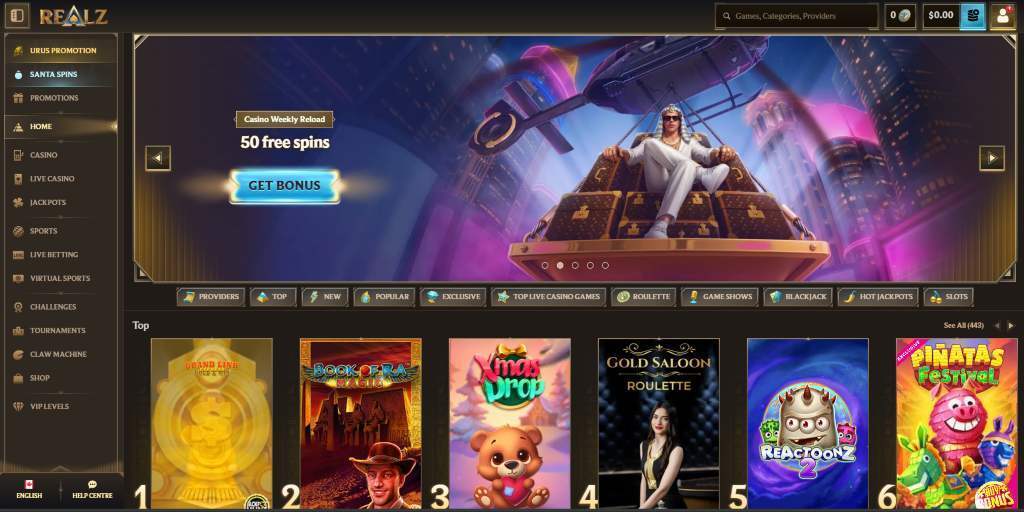 Realz Casino Homepage