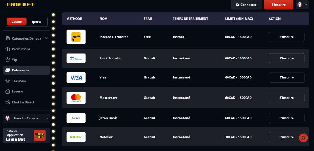 Screenshot de lamabet casino canada methodes de retrait