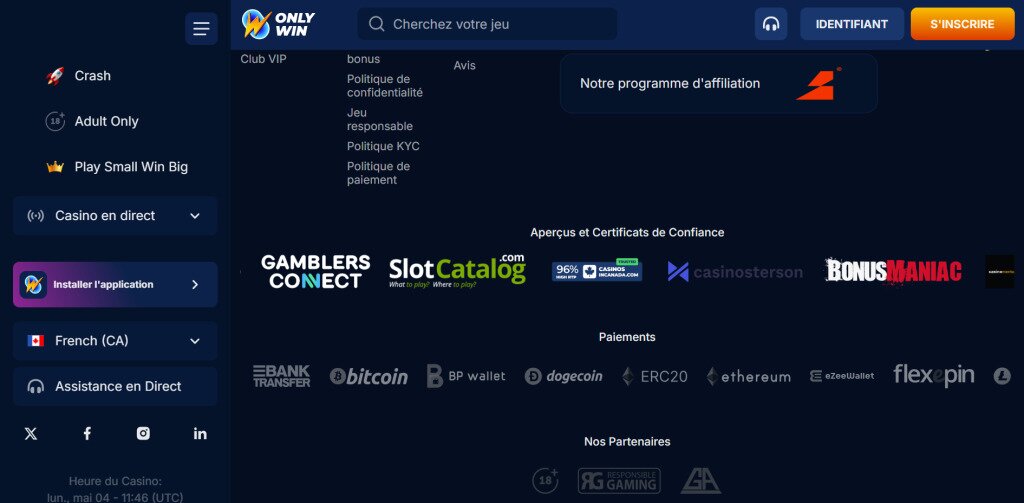 screenshot des paiments chez onlywin canada 