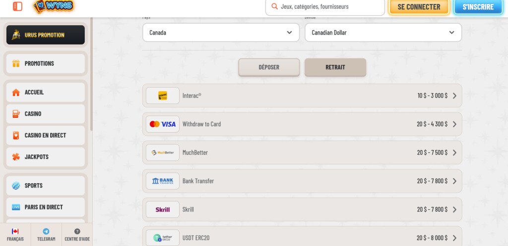 screenshot de Wyns casino options de retraits au Canada
